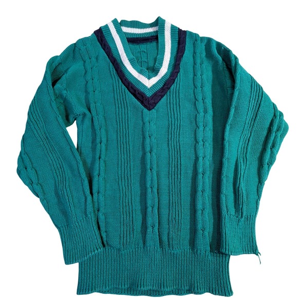 Vintage Other - Vintage Cotton Sweater – L Teal/Green Cricket V-Neck Cable Knit READ